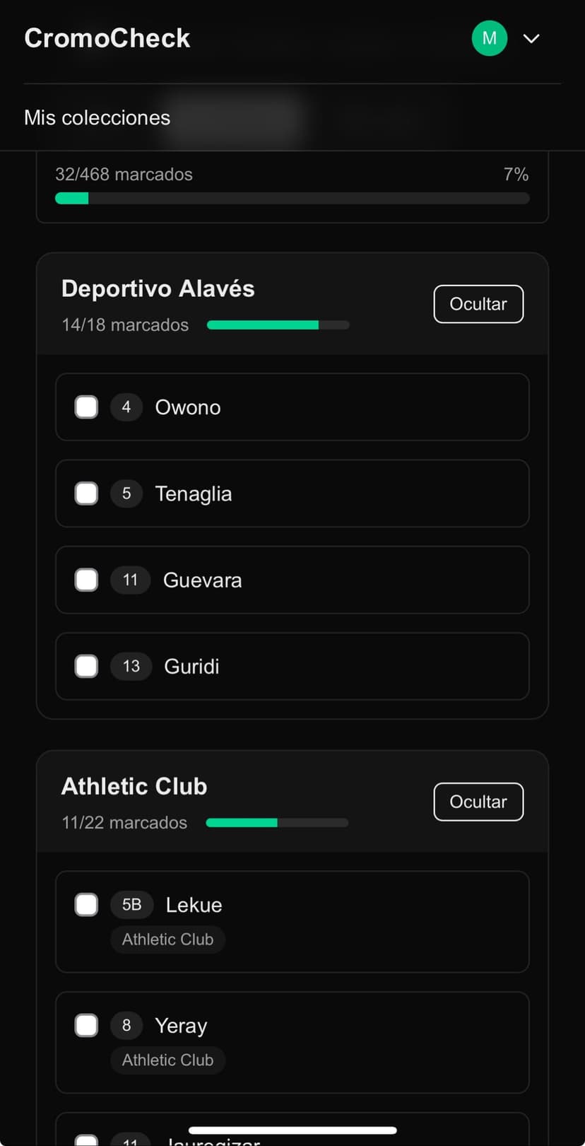 Vista previa de CromoCheck mostrando checklist de colección